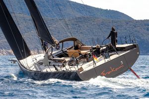 Mylius 60 FD Sailing yacht Mylius 60 FD 2022 navigating through waves with crew onboard.