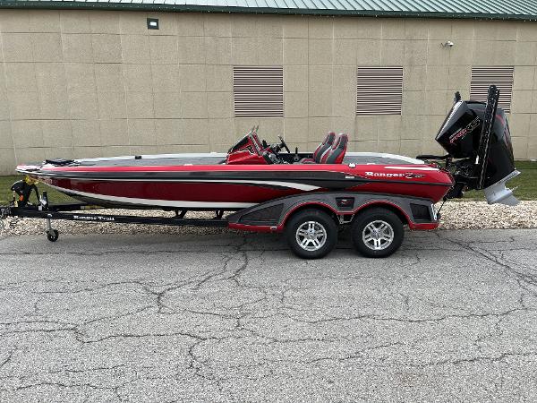 Ranger Z521R 2024 Ranger Z521R boat on trailer, red and black, side view.