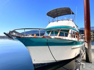 Albin 43 Trawler 1989 Albin 43 Trawler docked, featuring a turquoise and white exterior under a clear blue sky.