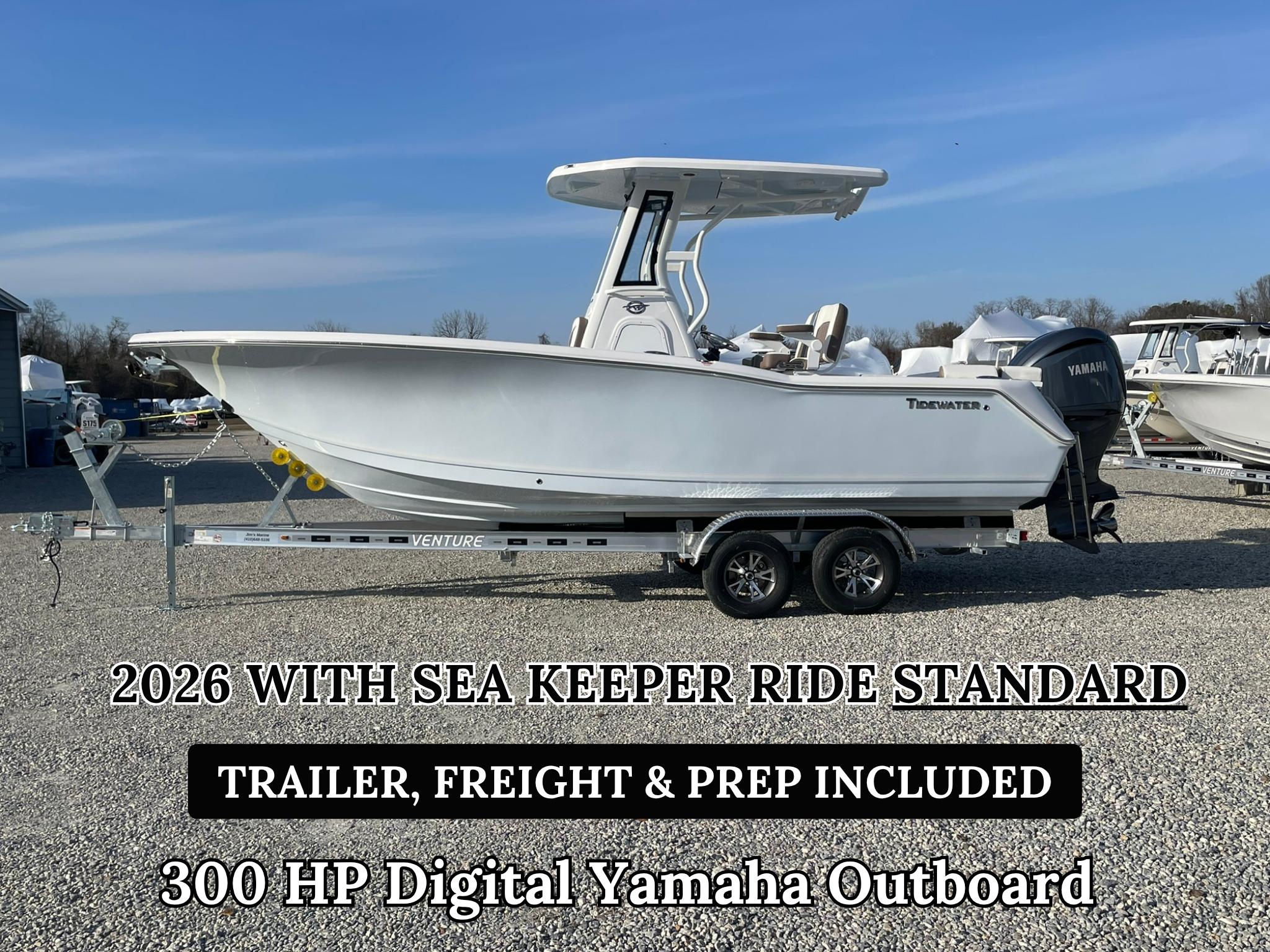 Tidewater 232 SS 2026 Tidewater 232 SS boat with 300 HP Yamaha outboard on trailer, Sea Keeper Ride included.