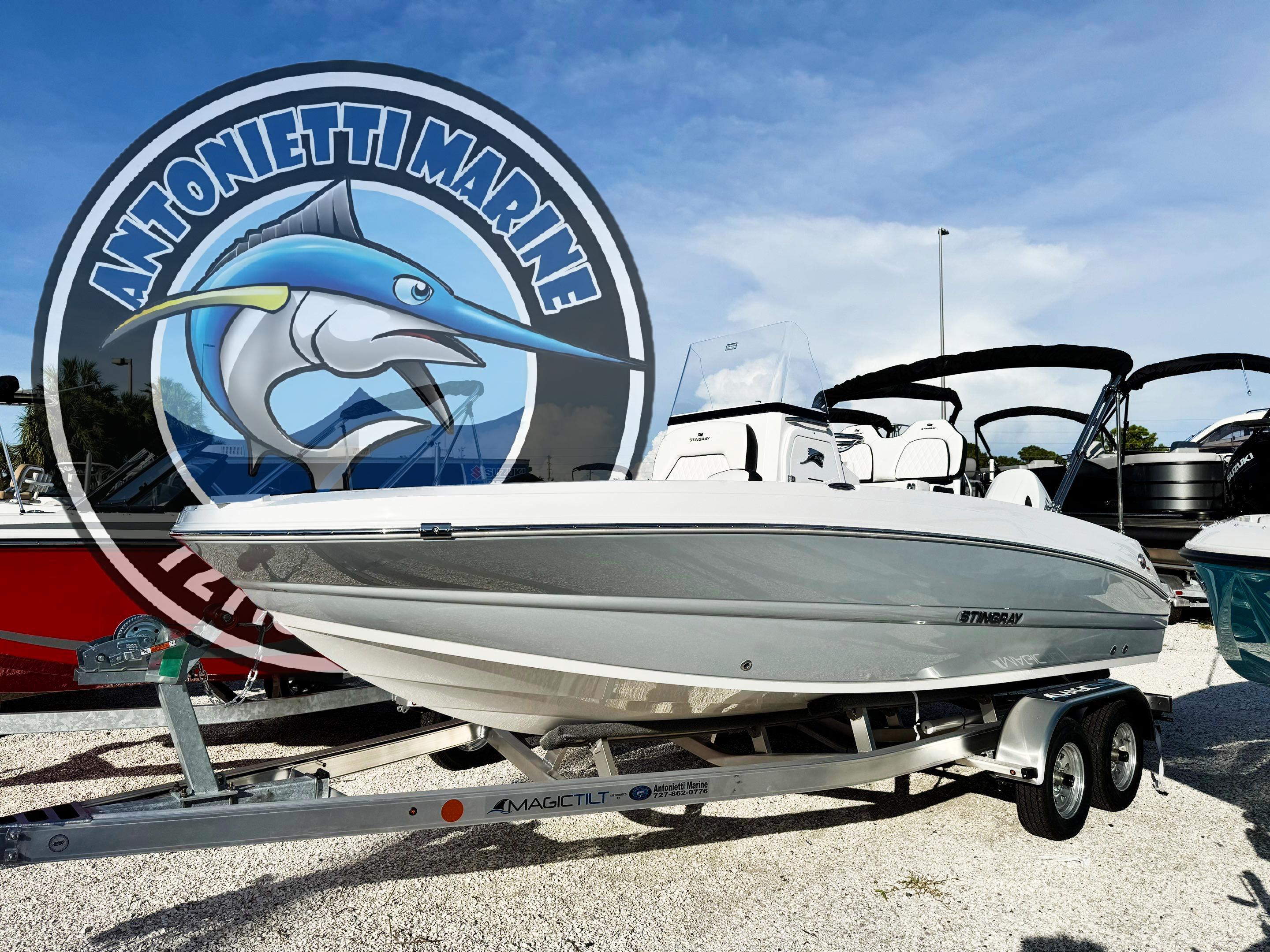 Stingray 206 CC 2026 Stingray 206 CC boat on trailer at Antonietti Marine dealership.
