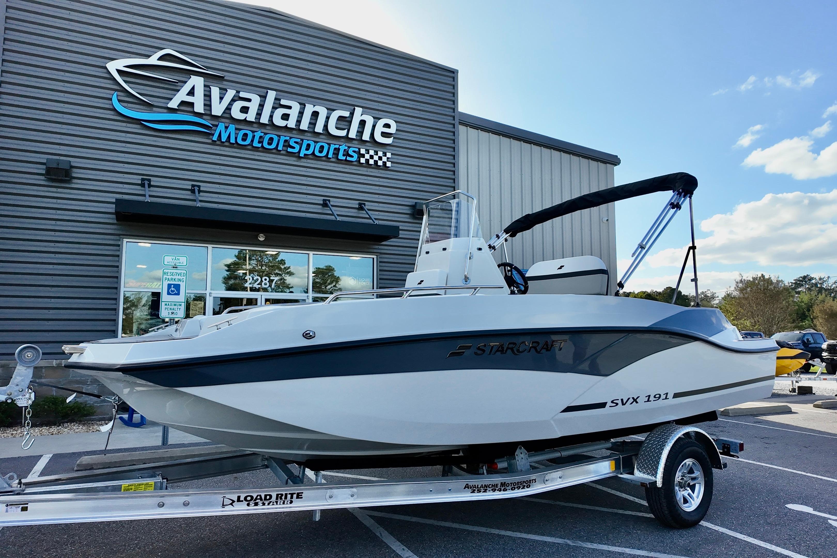 Starcraft SVX 191 OB CC 2026 Starcraft SVX 191 OB CC boat on trailer at Avalanche Motorsports dealership.