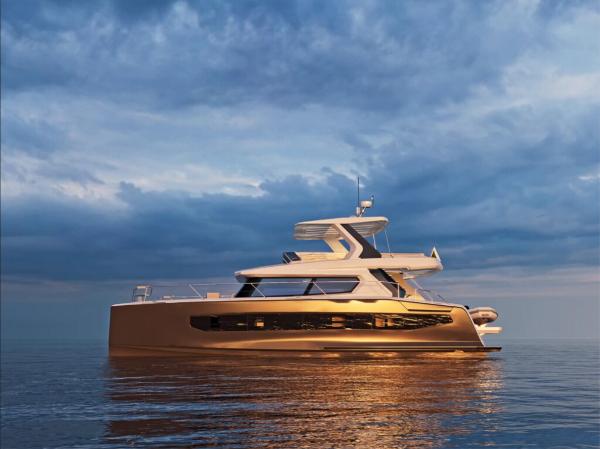 Custom Omaya 50 Power Catamaran 2025 Custom Omaya 50 Power Catamaran on calm sea under dramatic sky.