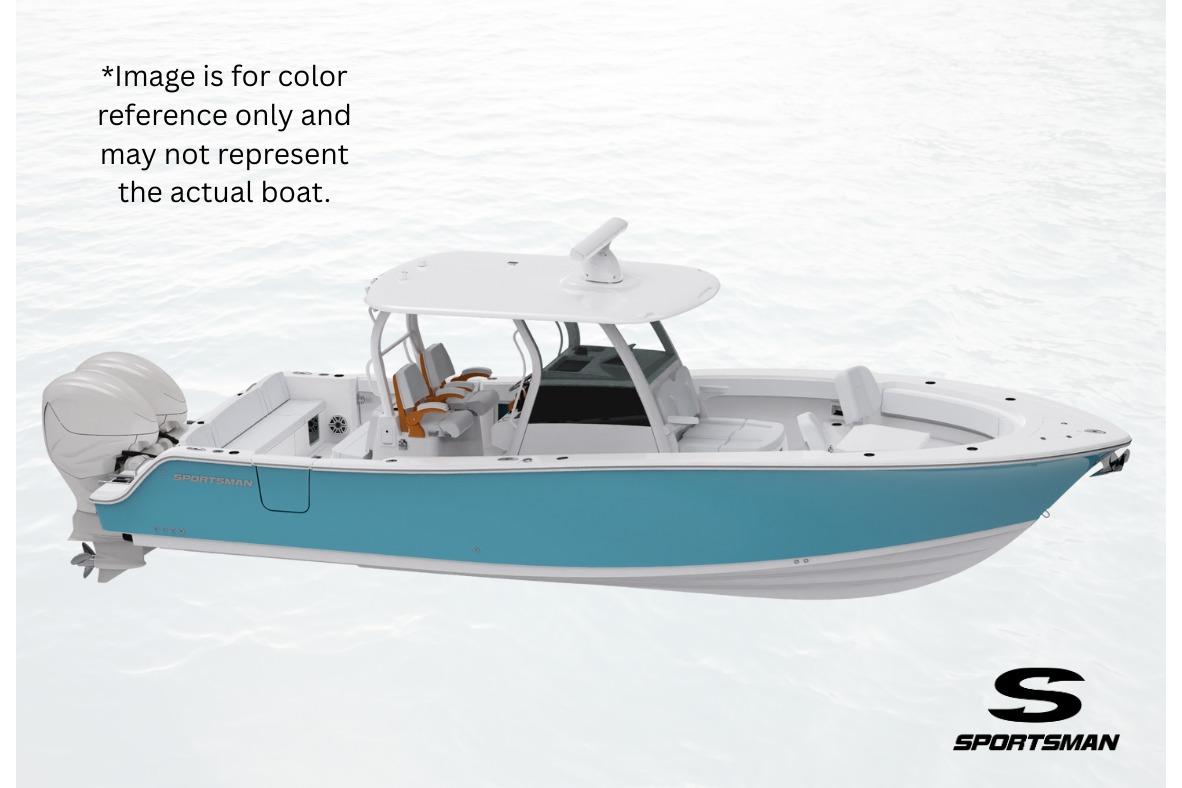 Sportsman Open 252 Center Console 2026 Sportsman Open 252 Center Console boat, blue and white, side view on water.