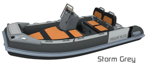 Highfield Sport 330 2025 Highfield Sport 330 boat in Storm Grey with orange seating.