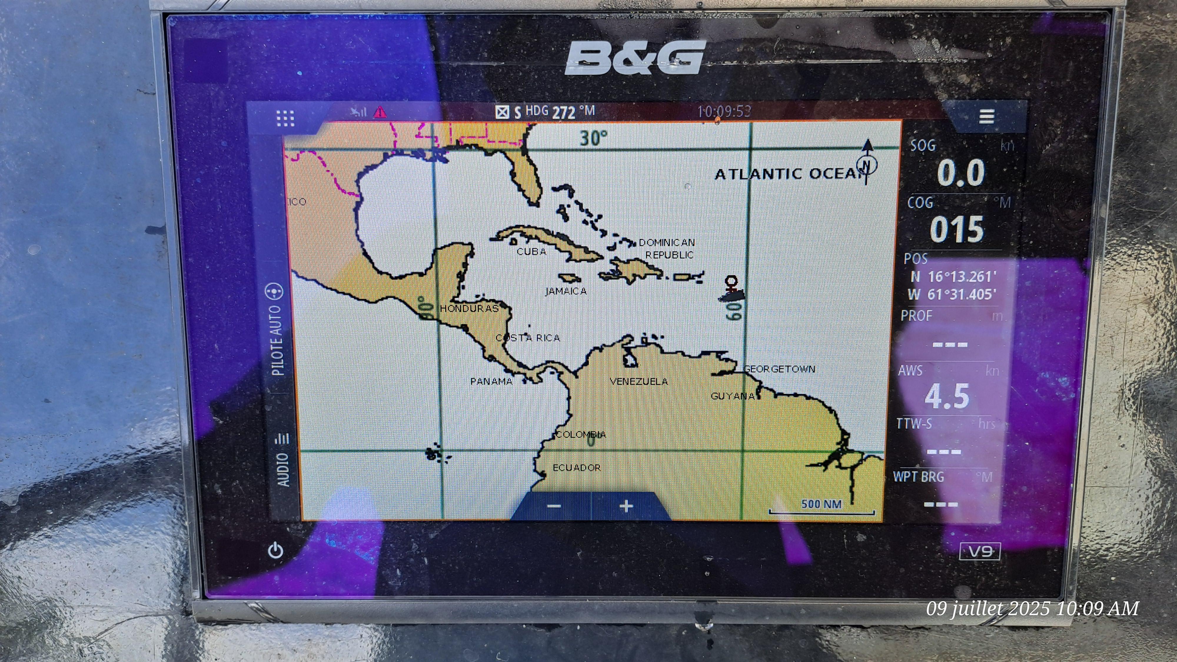 Lagoon 400 B&G navigation display on Lagoon 400, showing Caribbean map and coordinates.