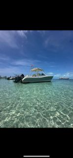 World Cat 295 DC 2015 World Cat 295 DC boat on clear turquoise water under a bright blue sky.