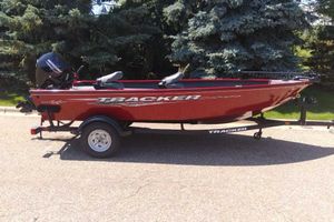 Tracker Super Guide V-16 T 2025 Tracker Super Guide V-16 T boat on trailer, red color, parked outdoors.