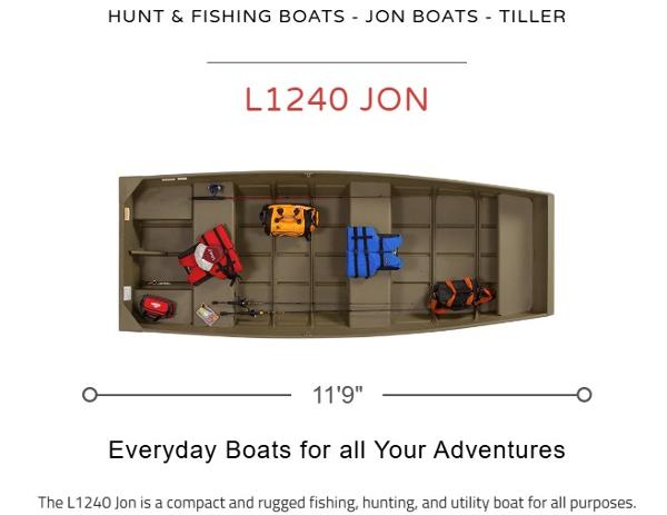 Lowe L1240 Jon Lowe L1240 Jon 2024 boat, top view, equipped for fishing and hunting, 11'9" length.