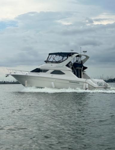 Sea Ray 440 Express Bridge 1996 Sea Ray 440 Express Bridge cruising on open water under cloudy skies.