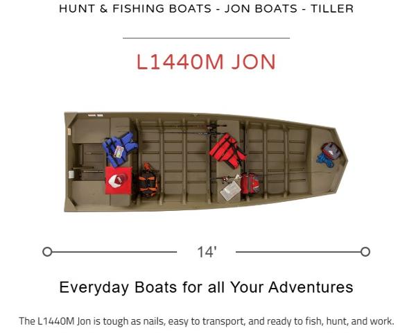 Lowe L1440M Jon 2024 Lowe L1440M Jon boat, 14-foot, ideal for fishing, hunting, and work adventures.