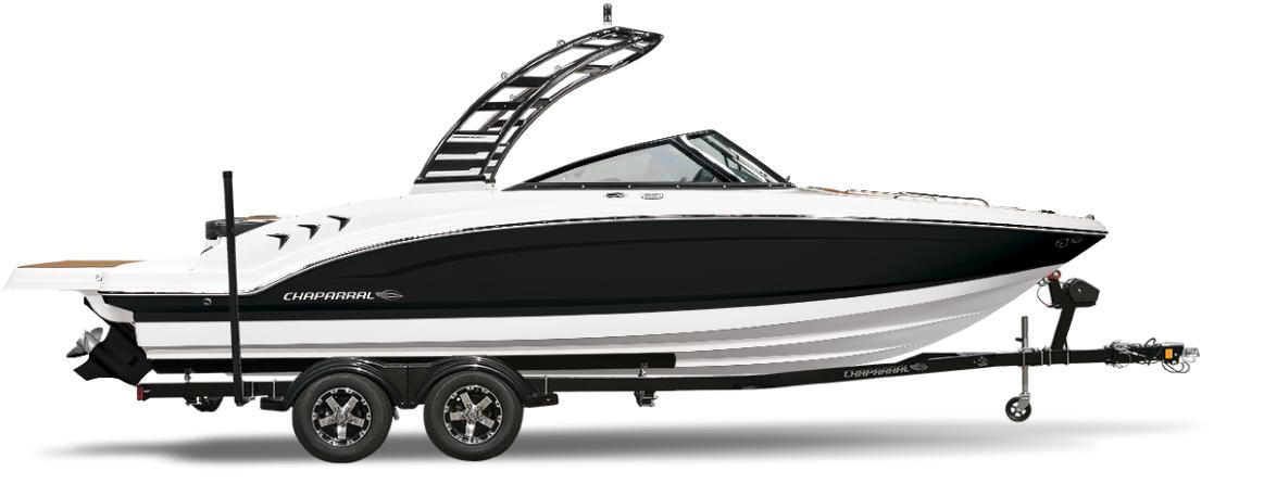 Chaparral 23 SSi 2026 Chaparral 23 SSi boat on trailer, sleek black and white design, modern features.