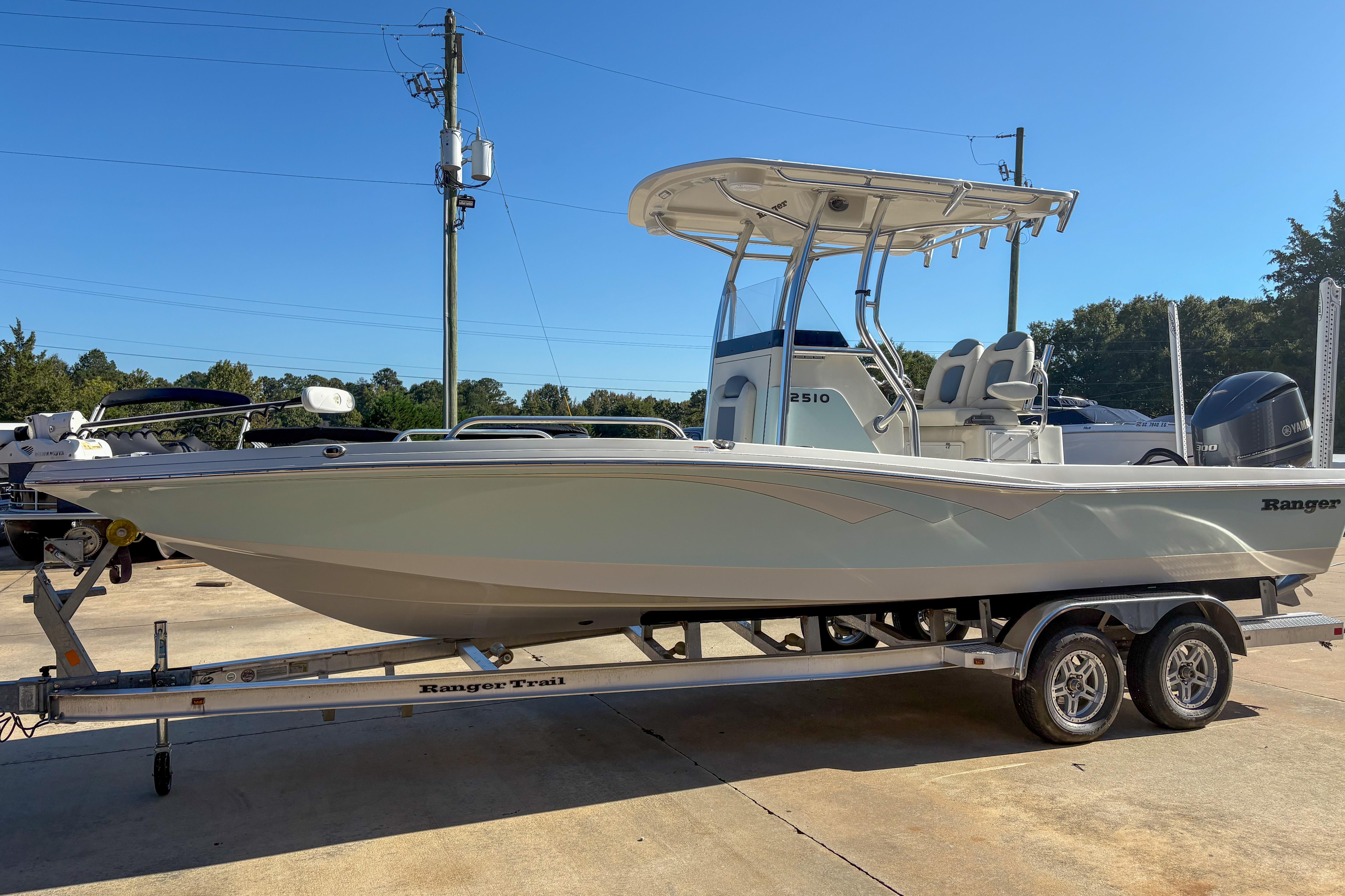 Ranger 2510 Bay 2019 Ranger 2510 Bay boat on trailer, parked outdoors under clear blue sky.