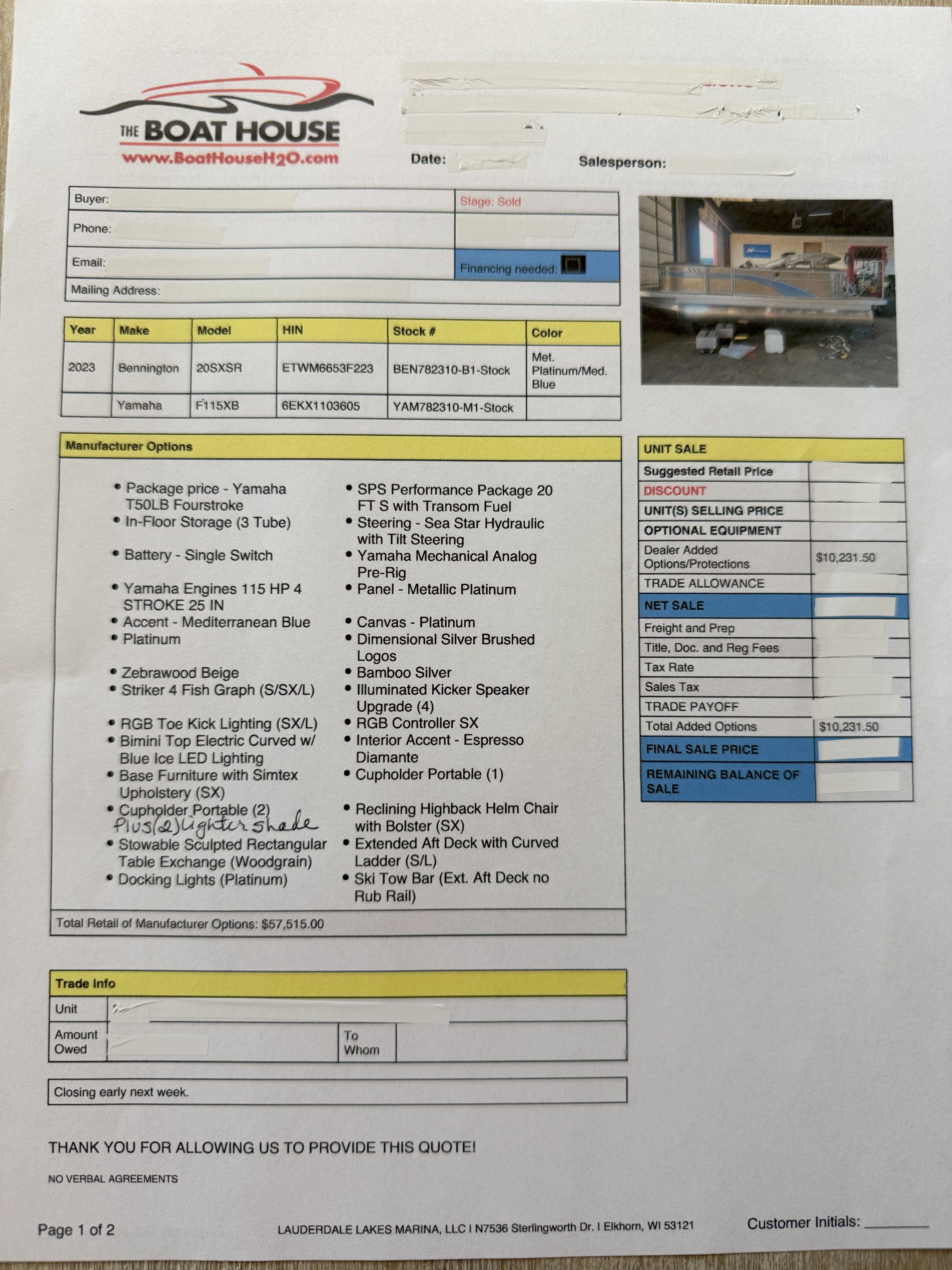 Bennington 20SXSR 2023 Bennington 20SXSR boat quote with detailed options and pricing from The Boat House.