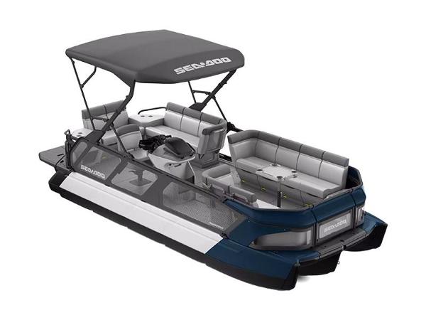 Sea-Doo Switch Sport 21 2024 Sea-Doo Switch Sport 21 pontoon boat with canopy and spacious seating.