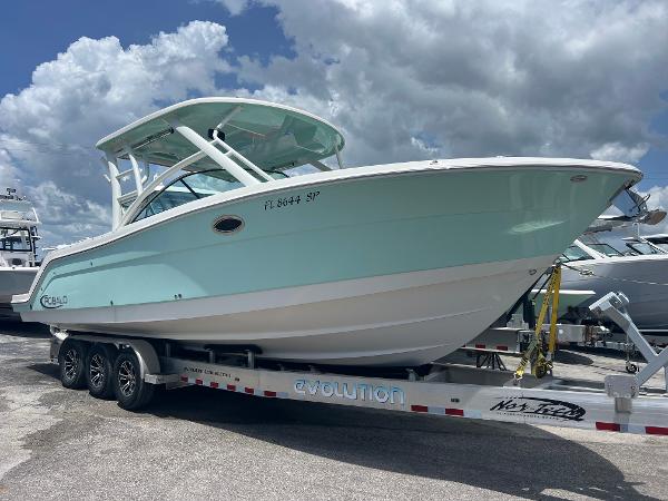 Robalo R317 Dual Console 2020 Robalo R317 Dual Console boat on trailer under cloudy sky.