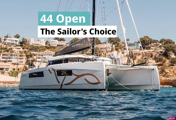 Nautitech 44 Open 2025 Nautitech 44 Open catamaran sailing near coastal homes, labeled "The Sailor's Choice."
