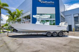 Conch 30 2016 Conch30 boat on trailer outside Valhalla Yacht Sales building.