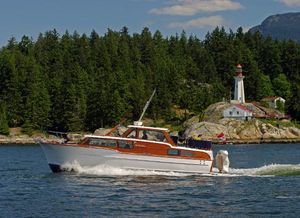 Monk Custom Cruiser 1963 Monk Custom Cruiser boat near a lighthouse, surrounded by lush forest and calm waters.