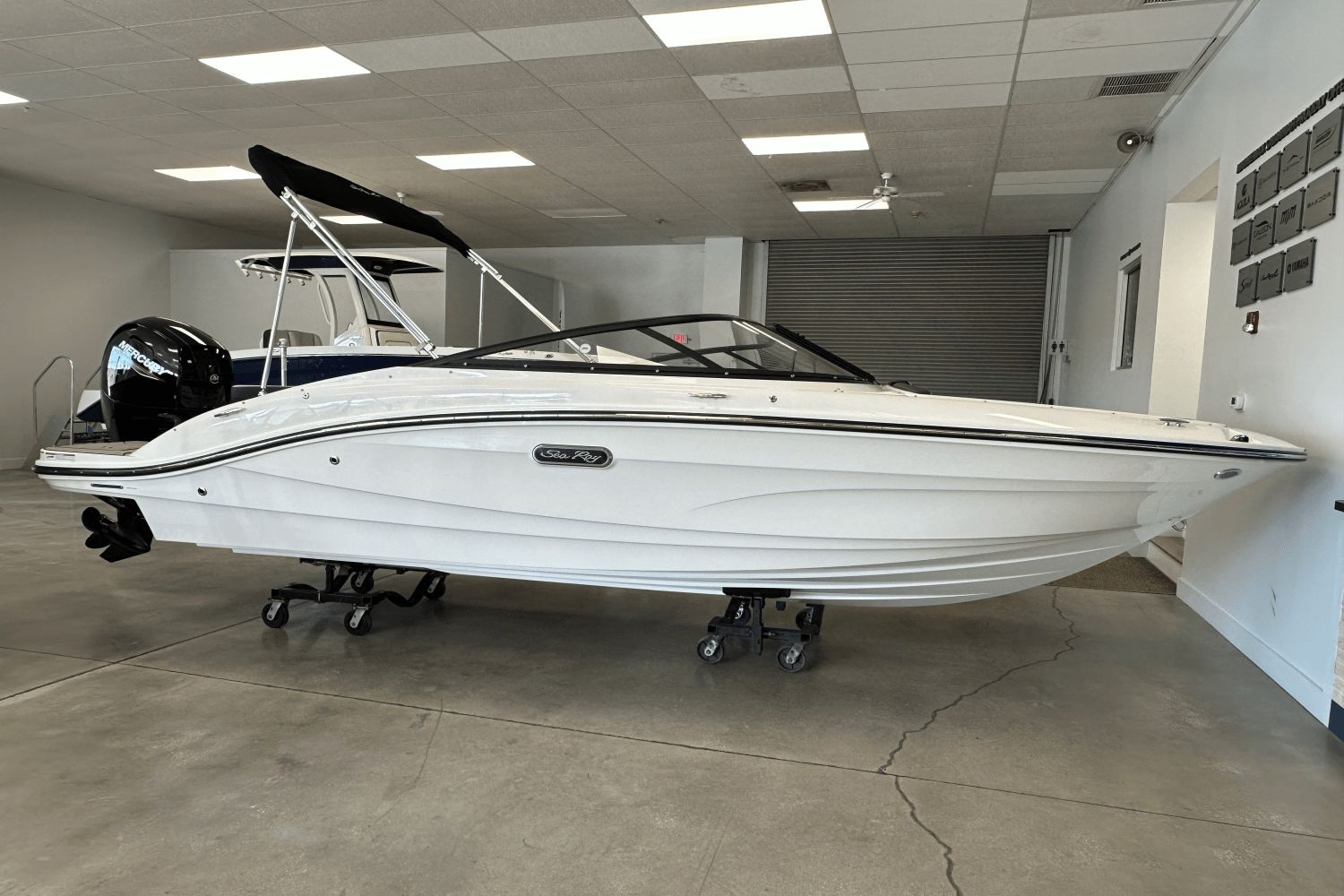Sea Ray SPX 190 Outboard 2025 Sea Ray SPX 190 Outboard boat displayed in a showroom.