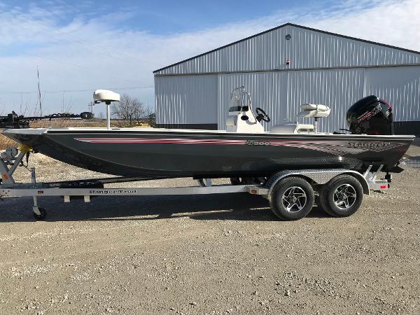 Ranger RB200 2025 Ranger RB200 boat on trailer, parked outdoors near a metal building.