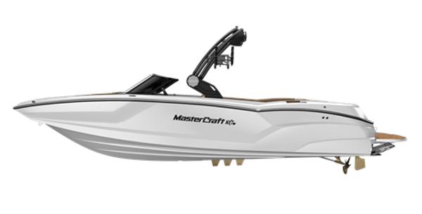 MasterCraft NXT24 2025 MasterCraft NXT24 boat, sleek white design, side view.