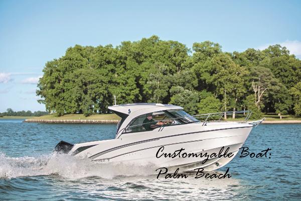 Beneteau Antares 7 2025 Beneteau Antares 7 cruising on a serene lake near lush greenery.