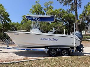 Edgewater 205CC 2012 Edgewater 205CC boat named "Amanda Jane" on a trailer, parked outdoors.