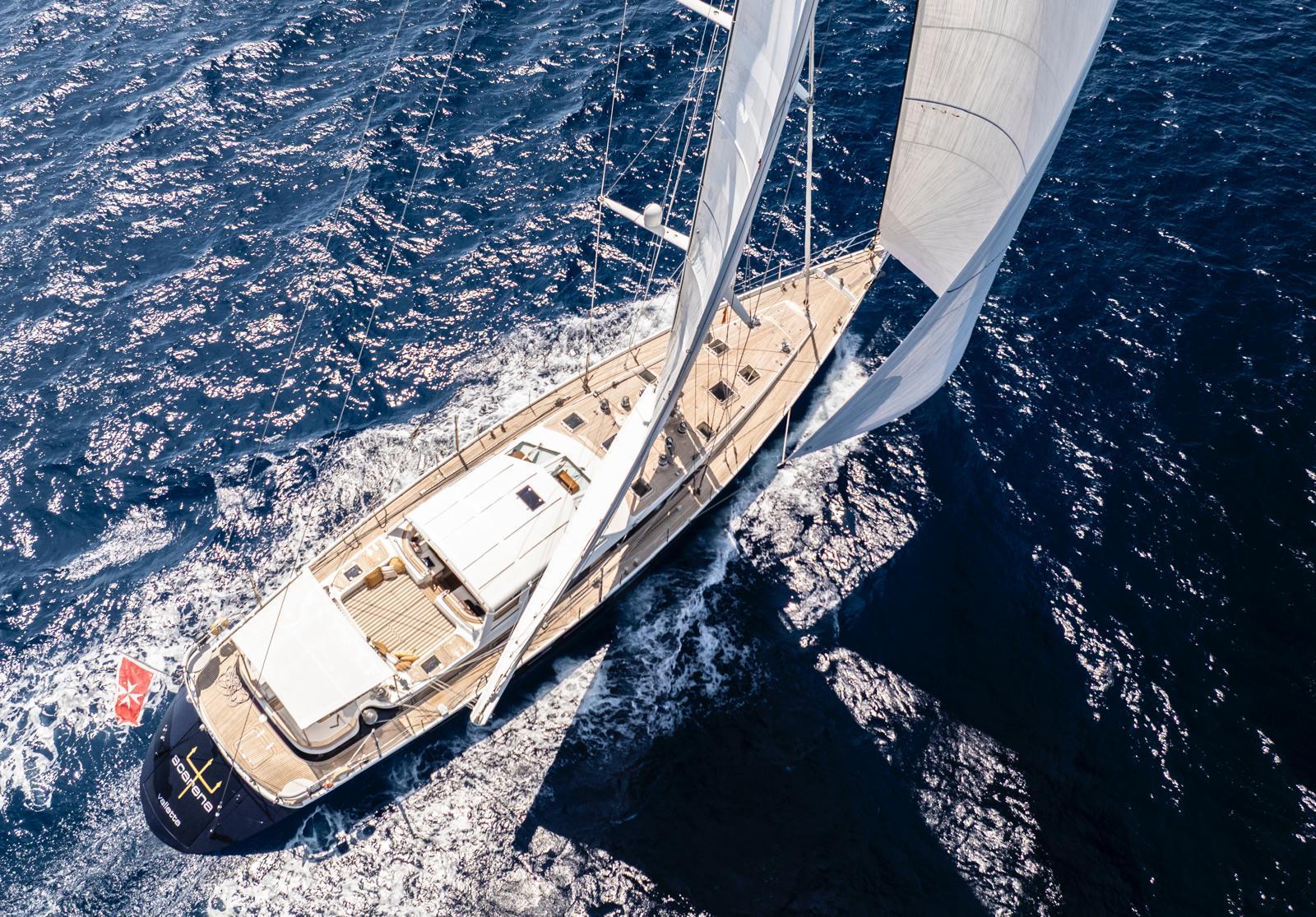 Jongert 2900 Aerial view of 1995 Jongert 2900 sailing yacht on open sea.
