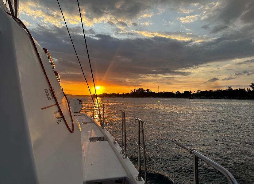 Leopard 58 Sunset view from Leopard 58 yacht, 2018 model, sailing on calm waters.