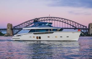 Sanlorenzo SX76 Sanlorenzo SX76 yacht cruising near a bridge at sunset, 2020 model.