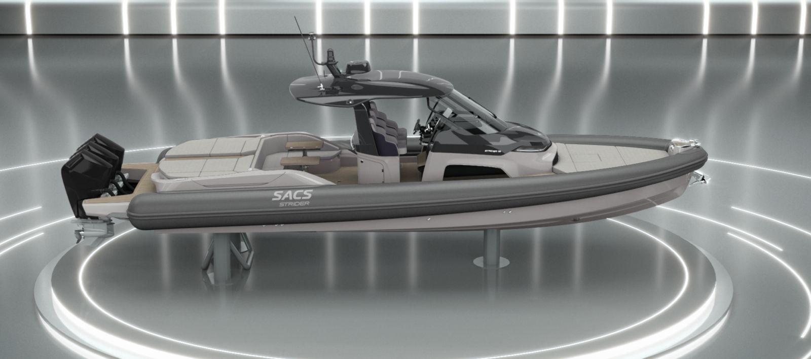 SACS 13 2026 SACS Strider 13 luxury boat in sleek showroom setting.