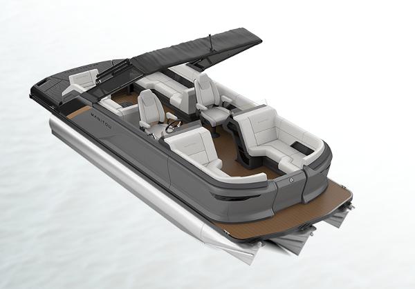 Manitou 22 Explore MAX Deck Navigator With 150hp Rotax Stealth Motor 2025 Manitou Explore pontoon boat with sleek design and spacious seating.