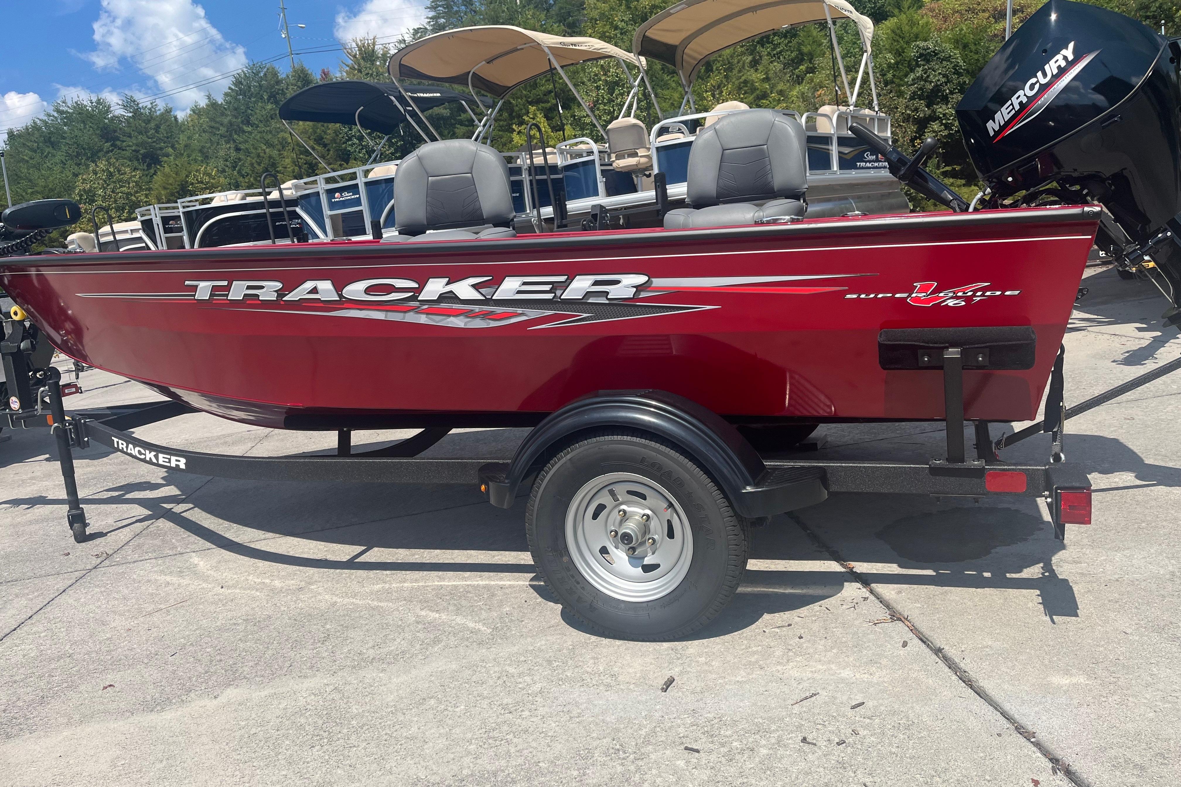 Tracker Super Guide V-16 T 2025 Tracker Super Guide V-16 T boat, red, on trailer, outdoors, sunny day.