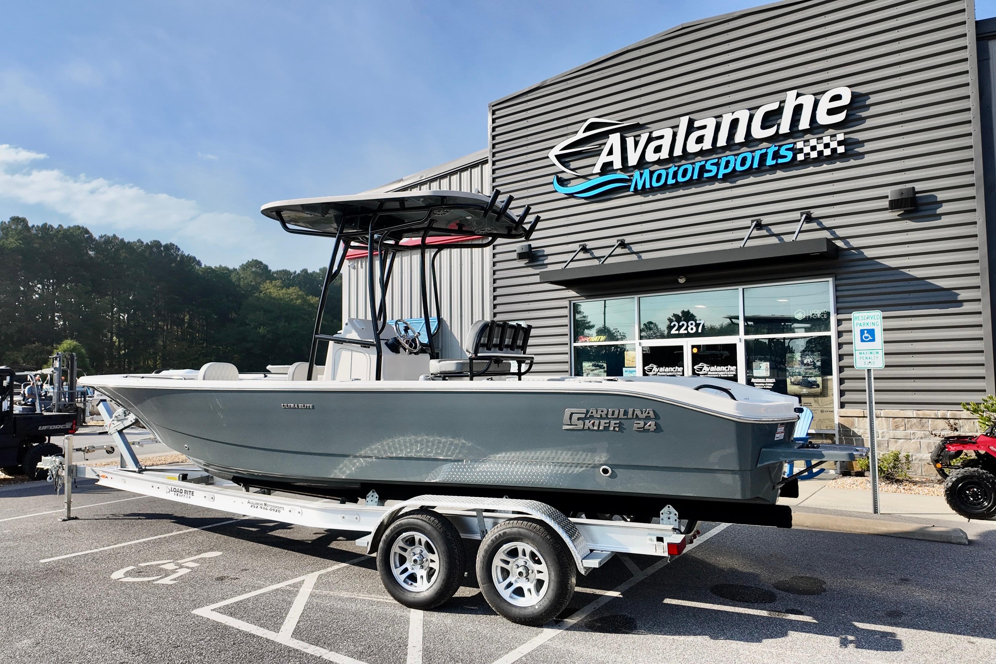Carolina Skiff 24 Ultra Elite 2026 Carolina Skiff 24 Ultra Elite boat on trailer at Avalanche Motorsports.