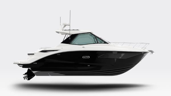 Sea Ray 320 Sundancer 2026 Sea Ray Sundancer 320 boat, sleek black and white design, side view.