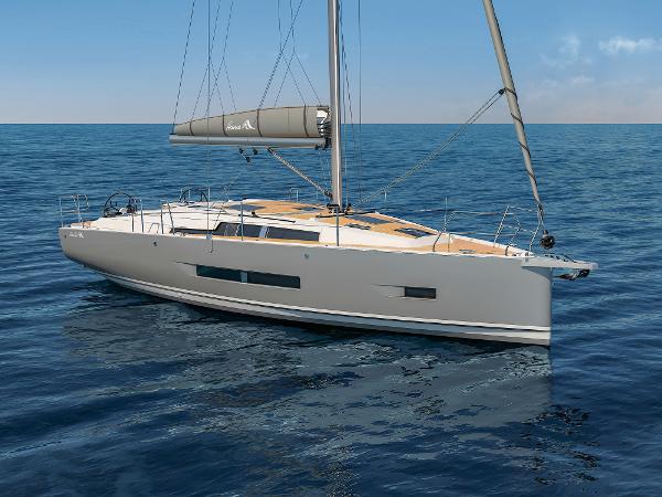 Hanse 360 2025 Hanse 360 yacht sailing on open sea under clear blue sky.