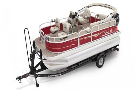 Sun Tracker Bass Buggy 16 XL Select 2025 Sun Tracker Bass Buggy 16 XL Select pontoon boat on trailer, red and white design.