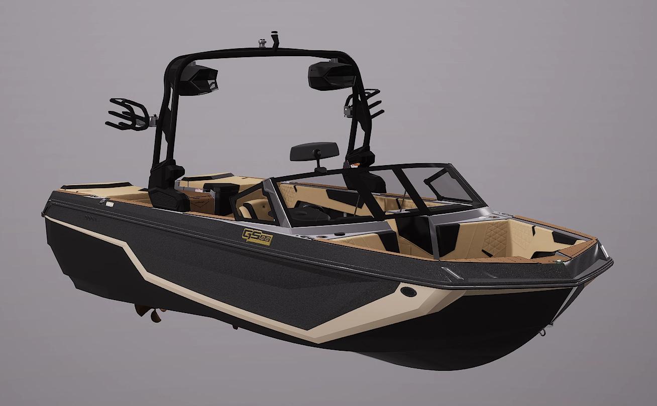 Nautique Super Air Nautique GS22 2026 Nautique Super Air Nautique GS22 boat, black and beige, side view, sleek design.