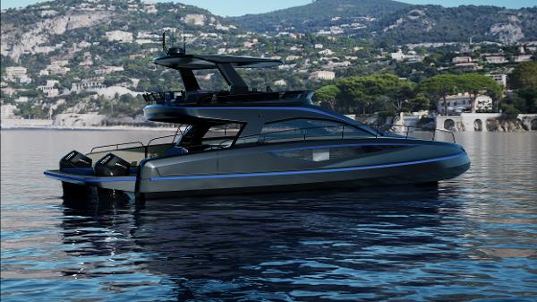Infiniti 60 Powercat GT 2024 Infiniti 60 Powercat GT luxury yacht on serene waters with scenic coastal backdrop.