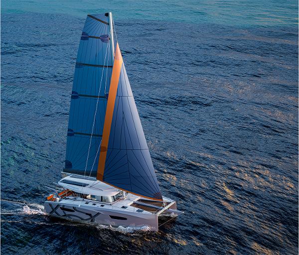 Excess Excess 13 Sailing catamaran Excess 13, 2025 model, gliding on open sea with vibrant sails.