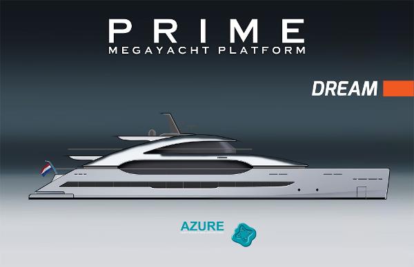 Prime Megayacht Platform DREAM Prime Megayacht Platform DREAM 2026 model, sleek design with Azure logo, side view.