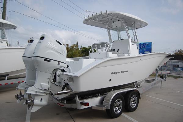 Cape Horn 24 XS 2024 Cape Horn 24 XS boat on trailer with dual Suzuki outboard engines.