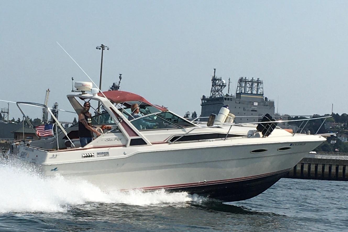 Sea Ray 300 Express Cruiser 1988 Sea Ray 300 Express Cruiser speeding on water near a harbor.