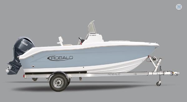 Robalo R180 Center Console 2025 Robalo R180 Center Console boat on trailer, side view.