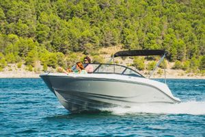 Bayliner V20i 2025 Bayliner V20i boat cruising on a scenic lake with lush green forest backdrop.