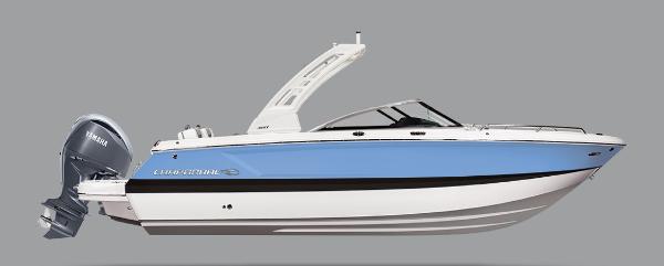Chaparral 250 OSX 2025 Chaparral 250 OSX boat with blue hull and Yamaha outboard motor.