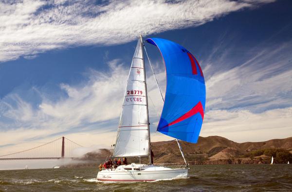 Jeanneau Sun Fast 35 Jeanneau Sun Fast 35 sailing near Golden Gate Bridge, 2004 model, vibrant blue spinnaker.