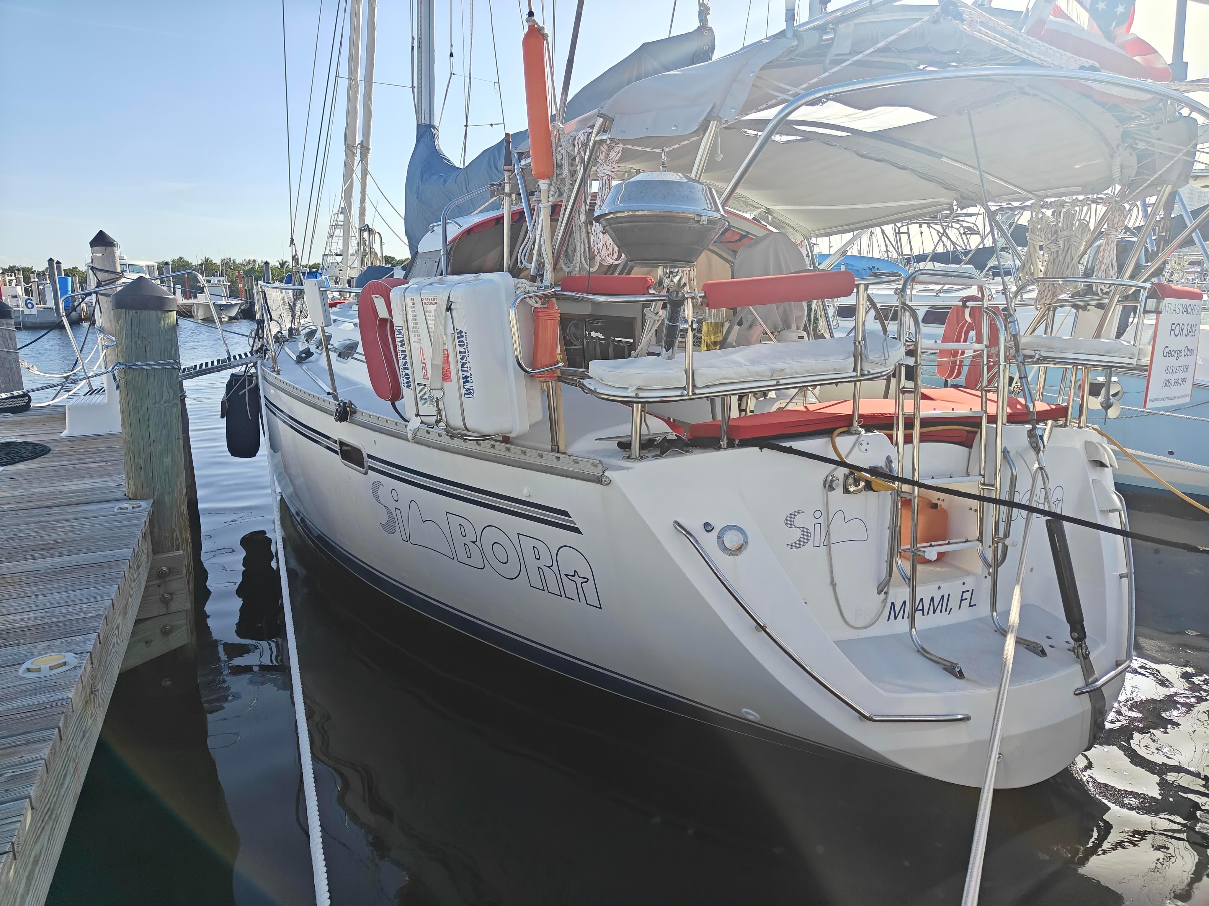 Catalina Morgan Sailboat docked at marina, Catalina Morgan 1994 model, with "Silbora" name visible.