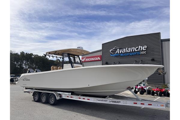 Sea Chaser 35 HFC BLUEWATER SERIES 2024 Sea Chaser 35 HFC Bluewater Series boat on a trailer at Avalanche Motorsports.